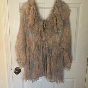 Mes Demoiselles Shimmering Ethereal Sheer Ruffle Tunic Blouse